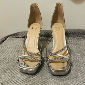 Delicious Silver Rhinestone Strappy Platform Heels